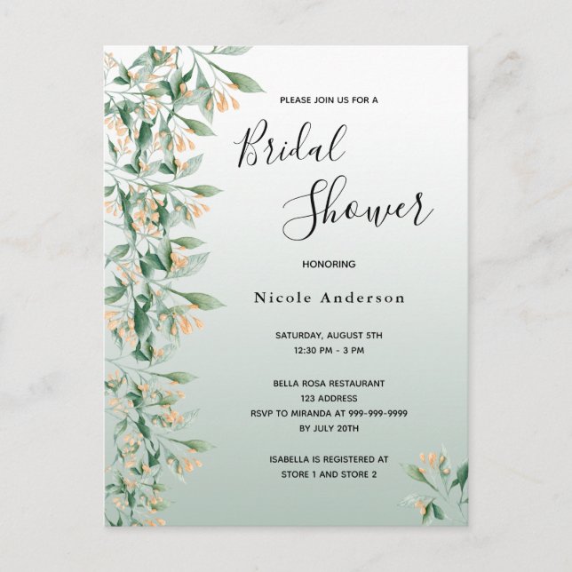 Sage green golden floral bridal shower invitation postcard (Front)