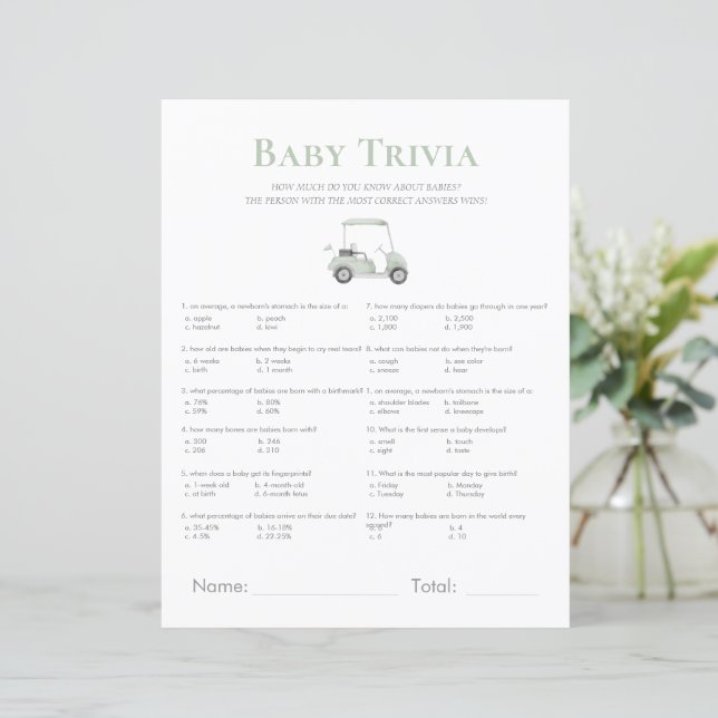 sage green golf baby shower trivia game (Standing Front)