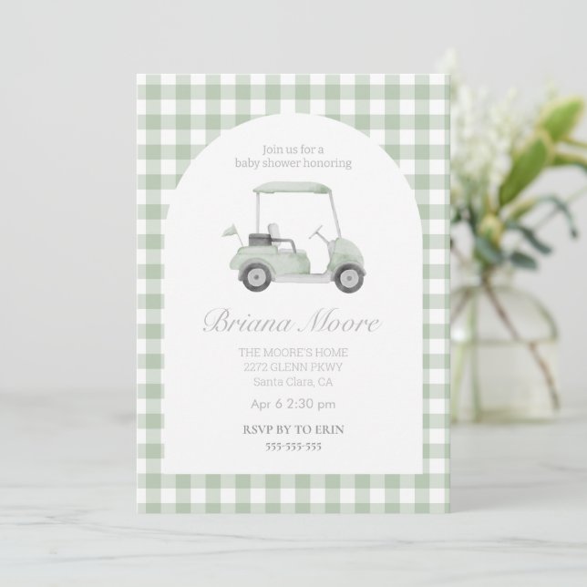 Sage green Golf cart baby shower Invitation (Standing Front)