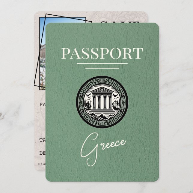 Sage Green Greece Passport Save the Date Card (Front/Back)