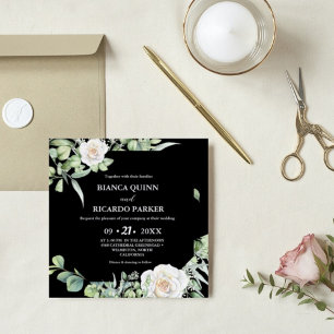 Sage Green greenery  Black Square Wedding Invitation