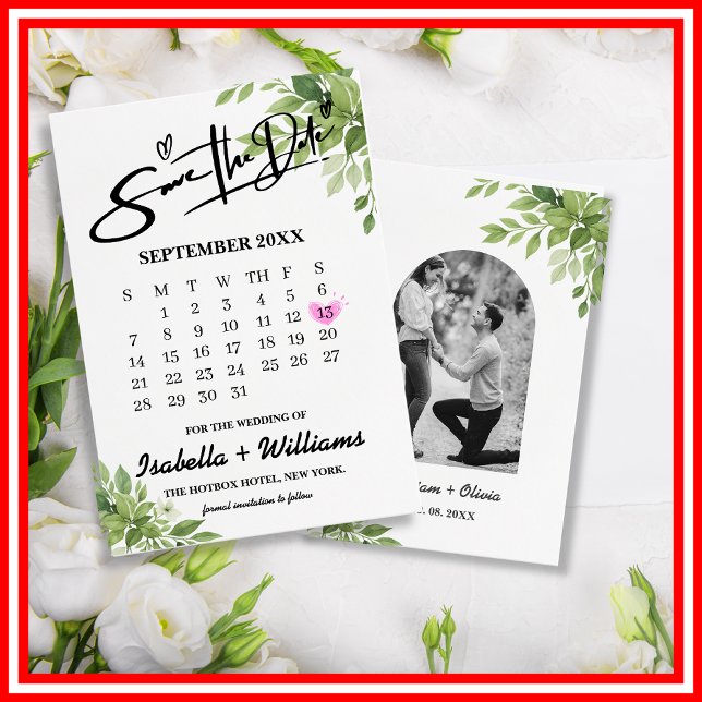 Sage Green Greenery Calendar Wedding Save The Date Enclosure Card (Creator Uploaded)