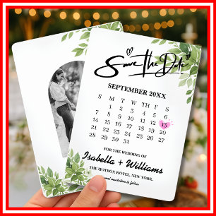 Sage Green Greenery Calendar with Heart Wedding  Save The Date