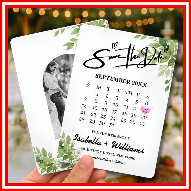 Sage Green Greenery Calendar with Heart Wedding  Save The Date (Creator Uploaded)