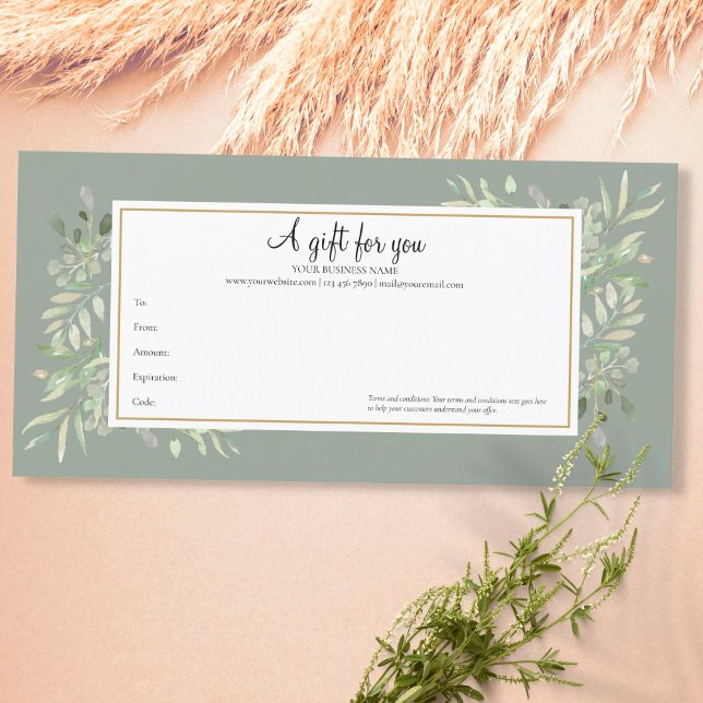 Sage Green Greenery Gold Business Gift Certificate (Creator Uploaded)
