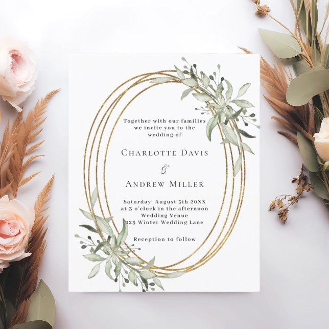 Sage green greenery gold frame wedding invitation (Creator Uploaded)