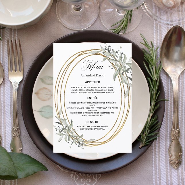 Sage green greenery gold wedding dinner menu (Creator Uploaded)