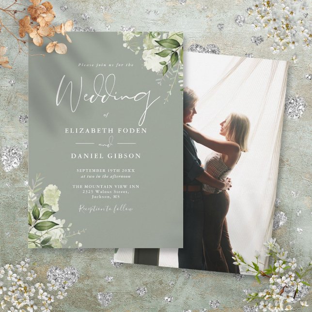 Sage Green Greenery Leaves Elegant Photo Wedding Invitation (Sage Green Greenery Leaves Elegant Photo Wedding Invitation)