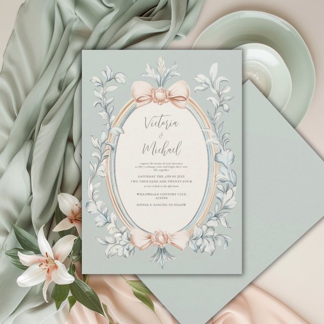 Sage Green Greenery Peach Frame Vintage Wedding Invitation (Creator Uploaded)