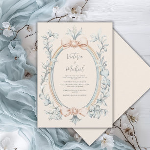 Sage Green Greenery Peach Frame Vintage Wedding Invitation