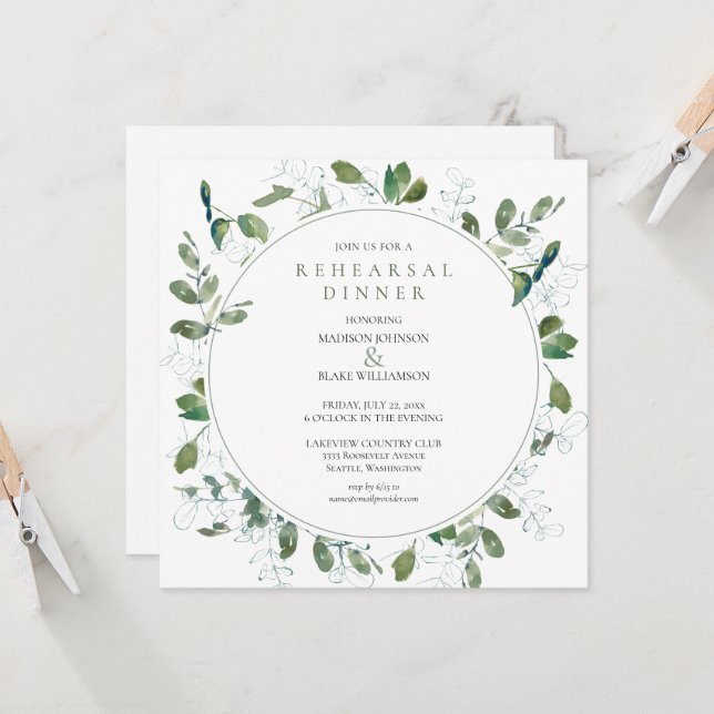 Sage Green Greenery Rehearsal Dinner Invitation (Front/Back In Situ)