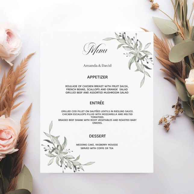 Sage green greenery wedding menu card (Creator Uploaded)