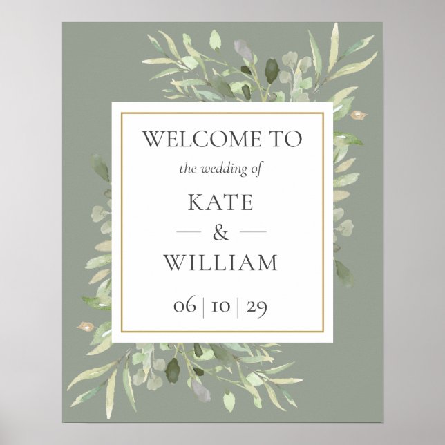 Sage Green Greenery Wedding Welcome Sign (Front)