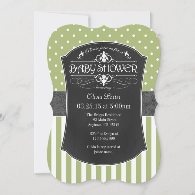 Sage Green Grey Chalkboard Stripes Baby Shower Invitation (Front)