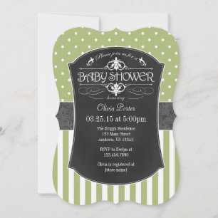 Sage Green Grey Chalkboard Stripes Baby Shower Invitation