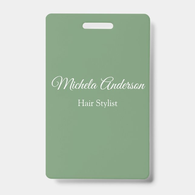 Sage green hair stylist add name contact website ID badge (Front)