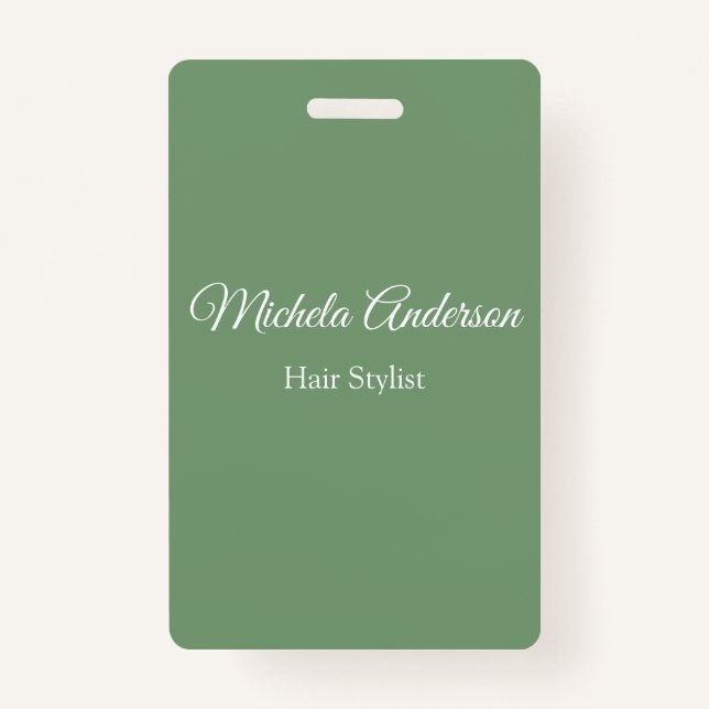 Sage green hair stylist add name contact website ID badge (Front)