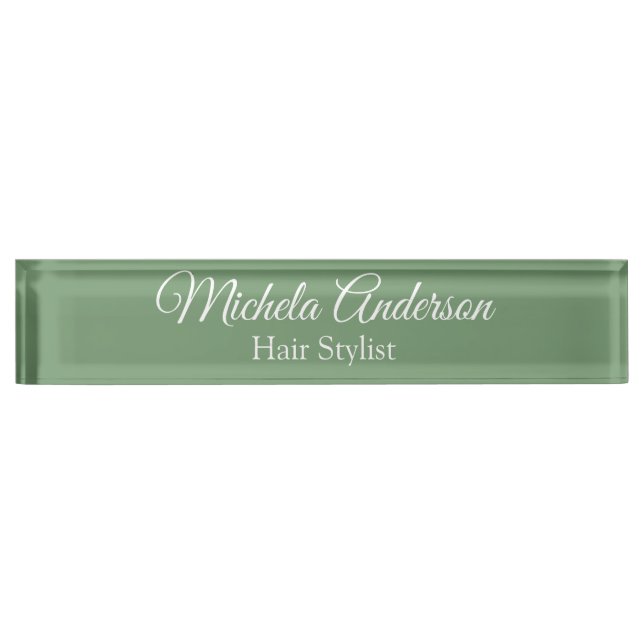 Sage green hair stylist add name contact website nameplate (Front)