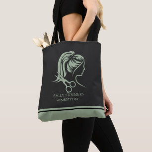 Sage green hair stylist logo custom text tote bag