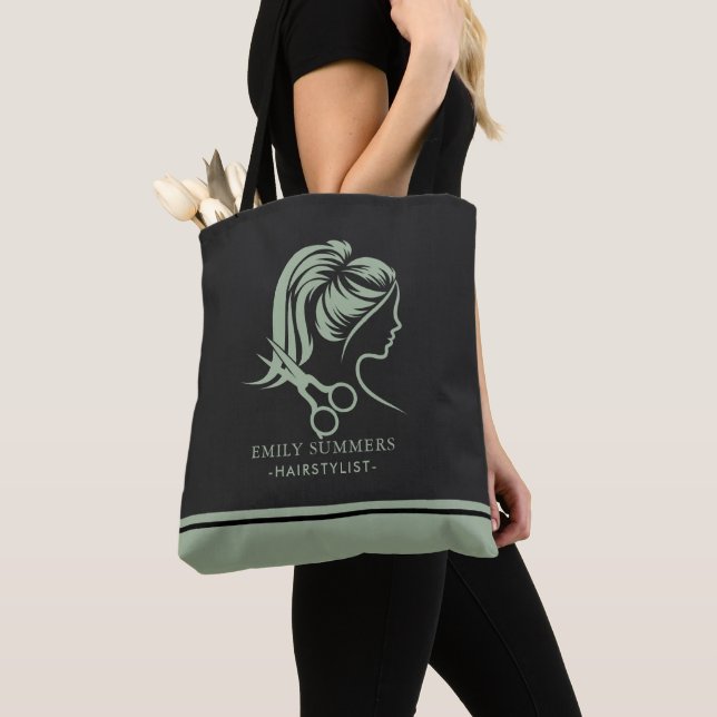 Sage green hair stylist logo custom text tote bag (Close Up)