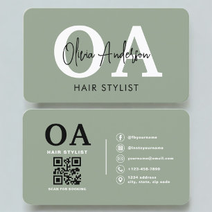 Sage Green Hairstylist Monogram QR Code Business Card