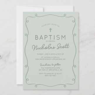 Sage Green Hand Drawn Baptism Invitation