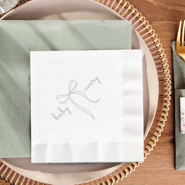 sage green Hand Drawn Bow Girl Baby Shower Napkin (Creator Uploaded)