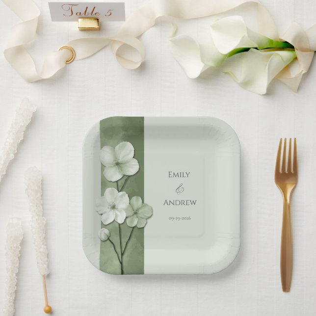 Sage Green Hand Drawn Floral Botanical Wedding Paper Plate (Wedding)