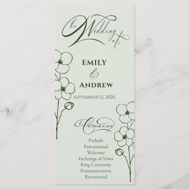 Sage Green Hand Drawn Floral Botanical Wedding Programme (Front)