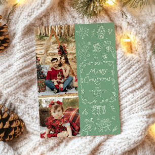 Sage Green Hand Drawn Icons Christmas 2 Photo Holiday Card