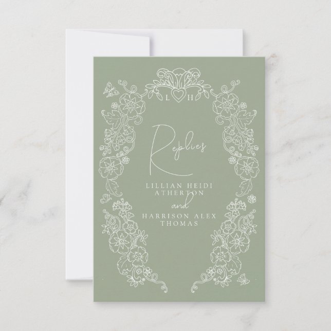 Sage green hand drawn leaf monogram RSVP wedding Card (Front)