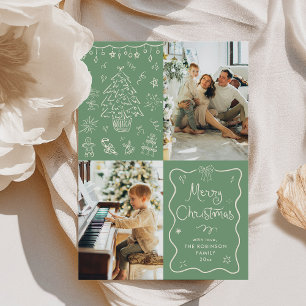 Sage Green Hand Drawn Merry Christmas 2 Photo Holiday Card
