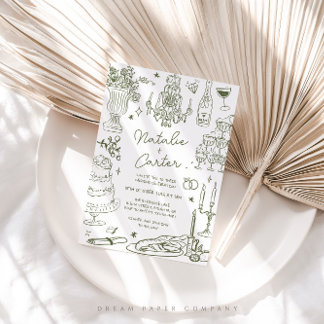Sage Green Hand Drawn Whimsical Wedding Invitation