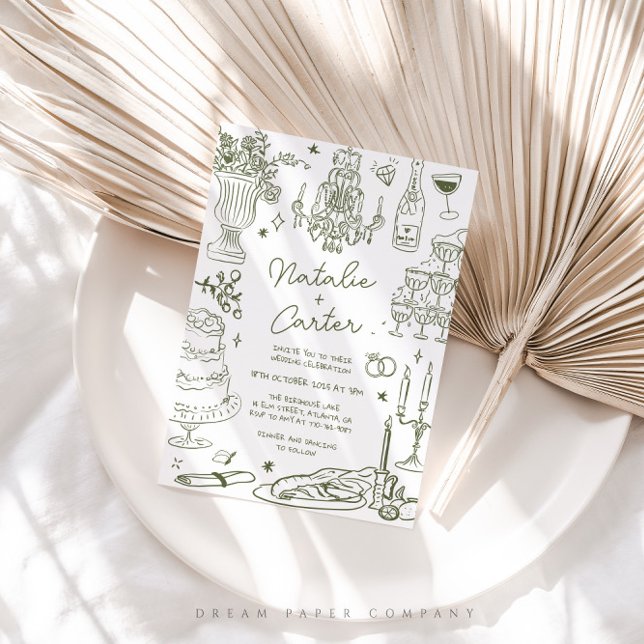 Sage Green Hand Drawn Whimsical Wedding Invitation (Creator Uploaded)