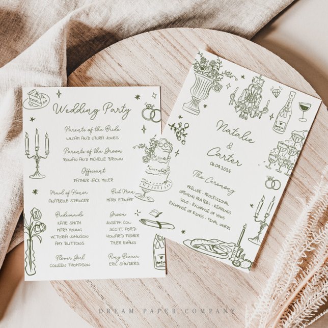 Sage Green Hand Drawn Whimsical Wedding Program Invitation (Creator Uploaded)