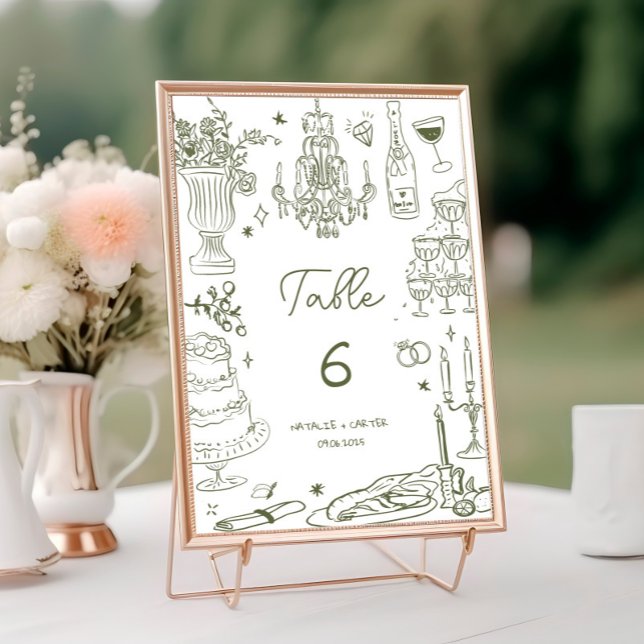 Sage Green Hand Drawn Whimsical Wedding Table Number (Creator Uploaded)