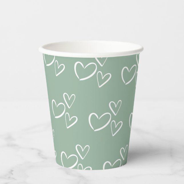 Sage Green Handdrawn Hearts Baby Shower Paper Cups (Front)