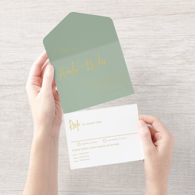 Sage Green Handwriting Modern Typography Wedding All In One Invitation (Tearaway)