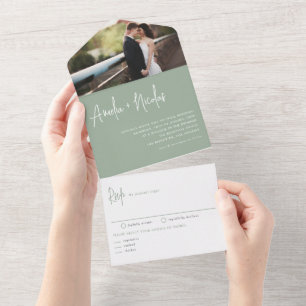 Sage Green Handwriting Typography Photo Wedding All In One Invitation