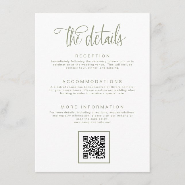 Sage Green Handwritten Calligraphy Wedding Details Enclosure Card (Front)