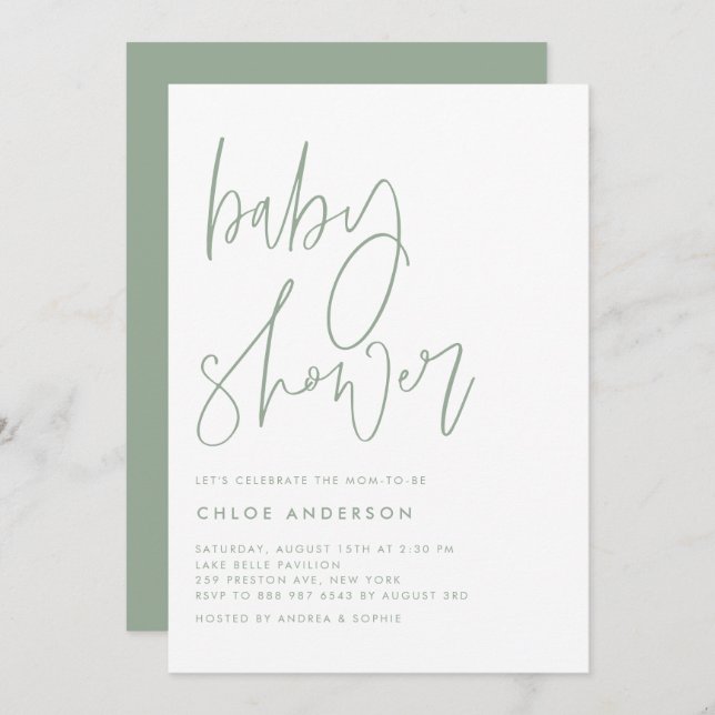 Sage Green Handwritten Script Baby Shower Invitation (Front/Back)