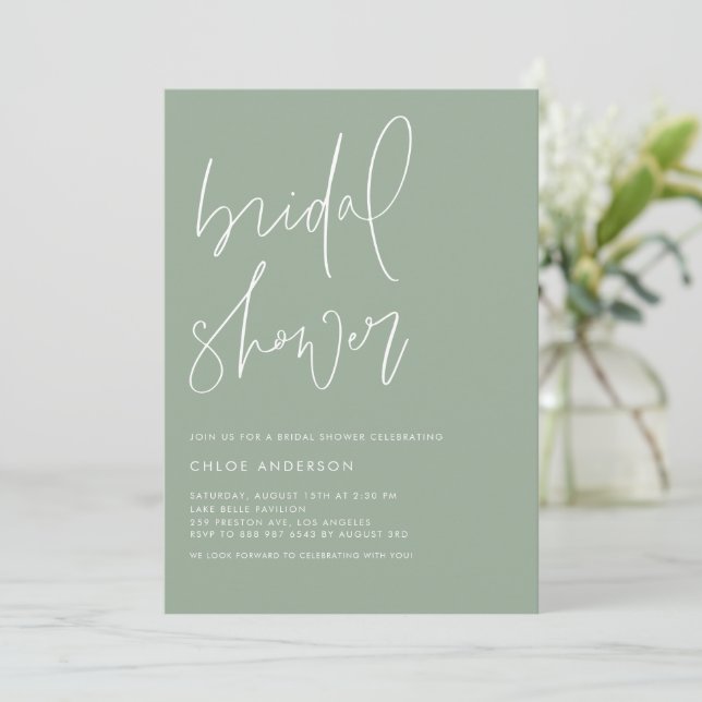Sage Green Handwritten Script Bridal Shower Invitation (Standing Front)