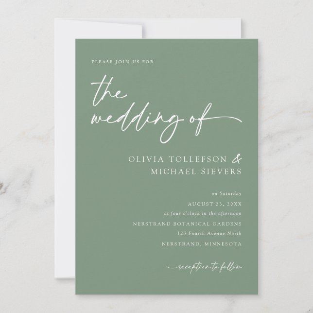 Sage Green Handwritten Script Modern Wedding Invitation (Front)