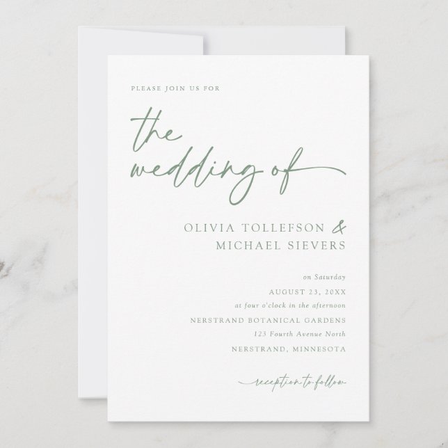 Sage Green Handwritten Script Modern Wedding Invitation (Front)