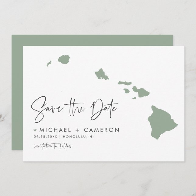 Sage Green Hawaii Map Modern Minimalist Script Save The Date (Front/Back)