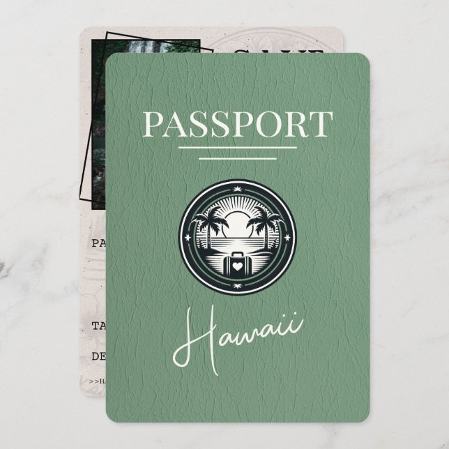 Sage Green Hawaii Passport Save The Date (Front/Back)