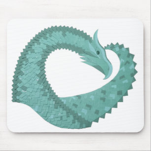 Sage green heart dragon on white mouse mat
