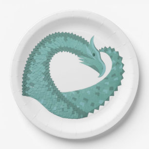 Sage green heart dragon on white paper plate