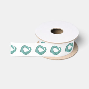 Sage green heart dragon on white satin ribbon
