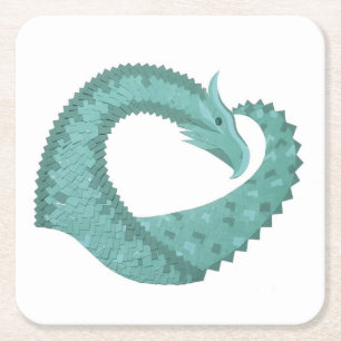 Sage green heart dragon on white square paper coaster